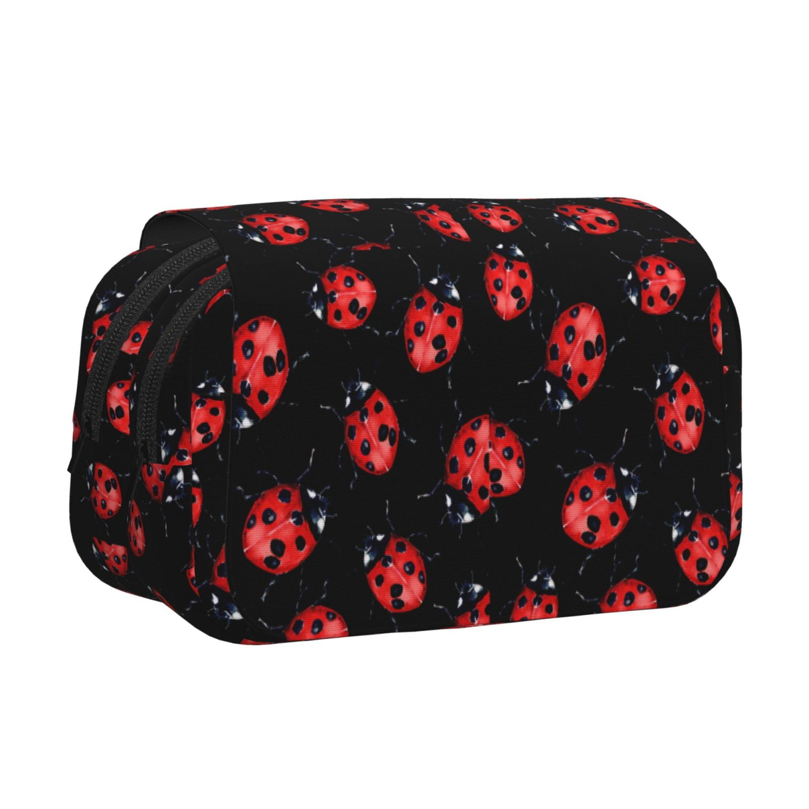 Rateoe Beautiful Red Ladybug Pattern Double Clamshell Pen Case, Storage Organizer with Two Zipper Compartments– Holds Up to 50 Pencils & Pens