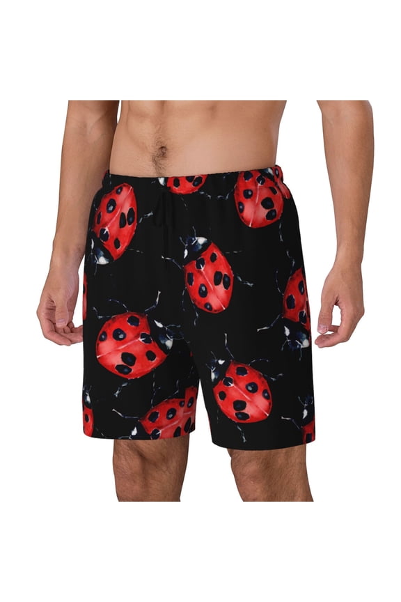 Beautiful Red Ladybug Pattern Men’s Swim Shorts with Compression Liner – Double-Layered Quick-Dry Swimwear, Comfortable & Stretchy Beach Shorts-Small