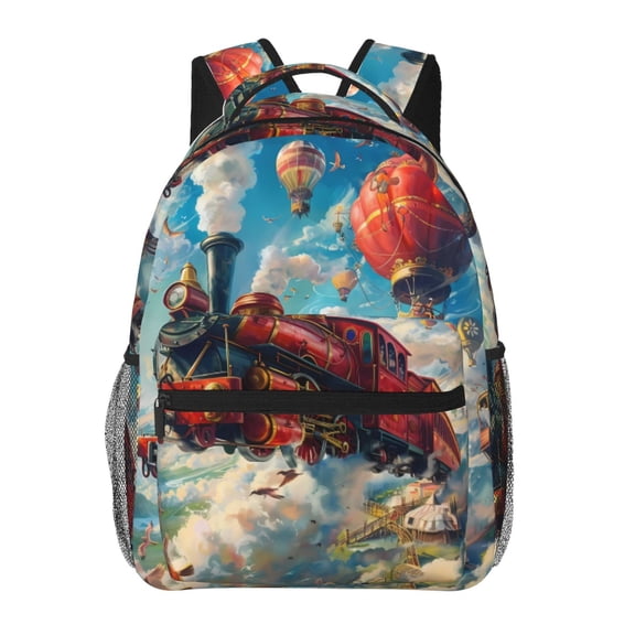 Rateoe Beautiful Red Train Hot Air Balloon Pattern Casual Backpack for School, Work, Travel Adjustable Straps, Multiple Compartments Ergonomic Design, Fits Laptops and Tablets