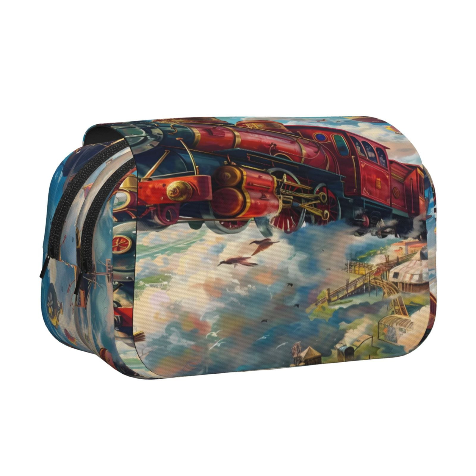 Rateoe Beautiful Red Train Hot Air Balloon Pattern Double Clamshell Pen Case, Storage Organizer with Two Zipper Compartments– Holds Up to 50 Pencils & Pens