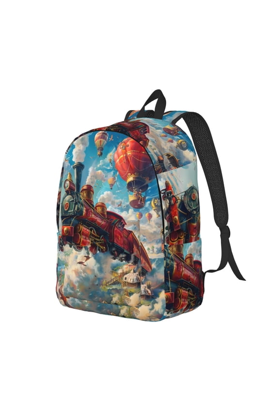 Beautiful Red Train Hot Air Balloon Pattern Durable Canvas Backpack for Men & Women – Stylish & Lightweight – Adjustable Straps, Multiple Pockets – Fits 15-17 Inch LaptopsMedium