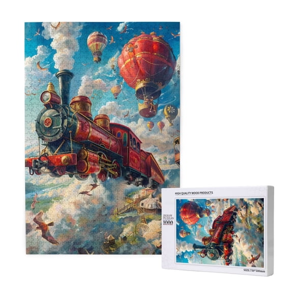 Rateoe Beautiful Red Train Hot Air Balloon Pattern Wooden Picture Puzzle ,1000 Piece Jigsaw Puzzle ,Family Fun Puzzle, Home Décor Puzzle, Gift Puzzle(Vertical style)