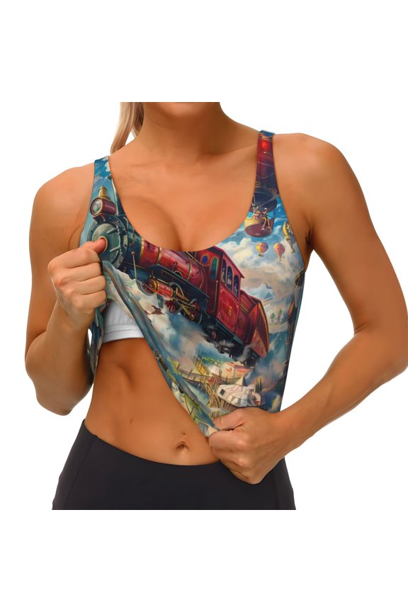 Beautiful Red Train Hot Air Balloon Print Womens' Sports Bras Scoop Neck Sports Vest- Padded U Back Seamless High Impact Support