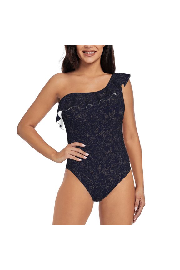Beautiful Roses Pattern Women One Piece Swimsuits Tummy Control One Shoulder Bathing Suits Ruffle Swimwear-XX-Large