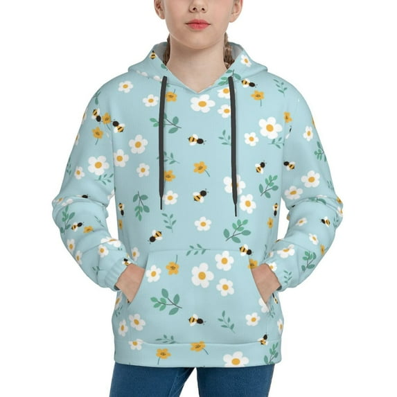Rateoe Bee Flower Pattern Boys Hoodie, Youth Pullover Hooded Sweatshirt, Kangaroo Pocket Hoodie for Kids-Medium