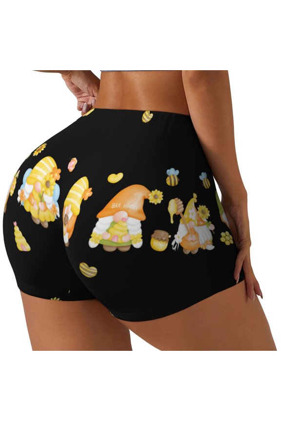 Bee Happy Sunflower Gnomes Printed Power Workout Shorts for Women Tummy Control Squat Proof Ribbed Thick Seamless Scrunch Active Short-Large