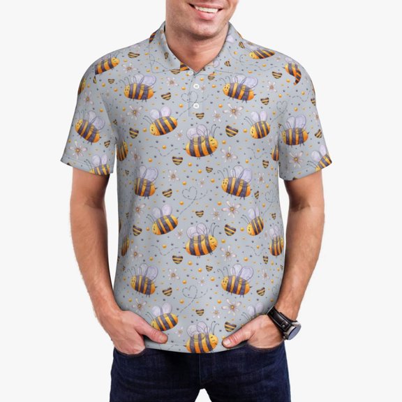 Rateoe Bee Pattern Men's Short Sleeve Polo Shirts, Golf Polo Shirts Short Sleeve Performance Moisture Wicking Dry-Large