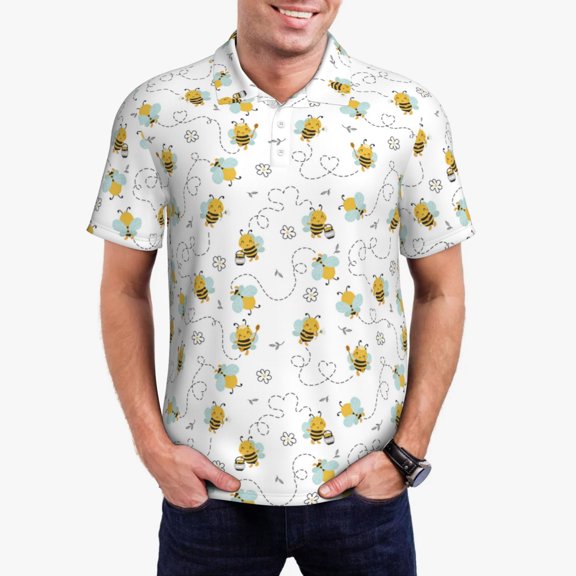 Rateoe Bee Pattern Men's Short Sleeve Polo Shirts, Golf Polo Shirts Short Sleeve Performance Moisture Wicking Dry-Small