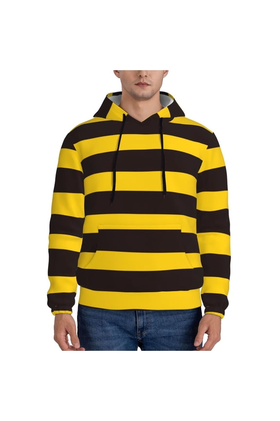 Bee Stripe Pattern Mens Hoodie, Pullover Hooded Sweatshirt, Kangaroo Pocket Hoodie Ideal for Daily Wear, Travel and Home-X-Large