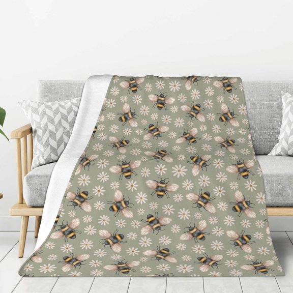 Rateoe Bees And Chamomile Pattern Flannel Throw Blanket, Ultra-soft Blanket for Bed, Couch, Car, Hypoallergenic Anti-pilling blanket-40"x30"(Vertical)