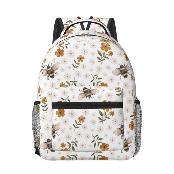 Rateoe Bees And Flowers Pattern Durable Student Backpack Laptop Bag- Ergonomic Design, Waterproof Twill Fabric - Ideal for School, Travel, and Outdoor Activities