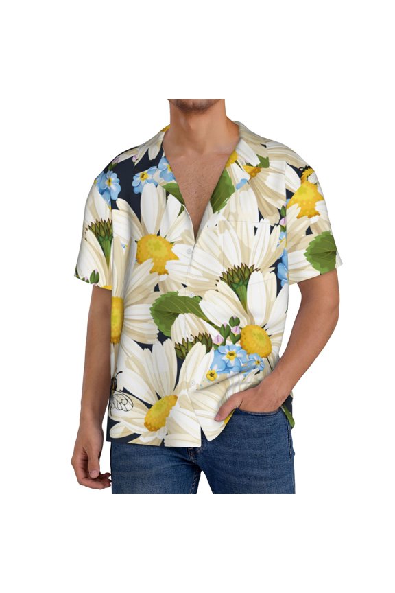 Bees Collecting Nectar Print Mens Front Pocket Hawaiian Shirts Casual Shirts Short Sleeve Button Down Beach Tropical Shirts-Small