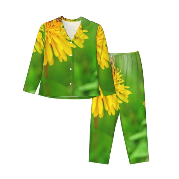 Rateoe Bees Pollinates A Yellow Dandelion Pattern Womens Pajamas Set Long Sleeve Sleepwear Button Down Nightwear Soft Cotton Pj Lounge Sets-