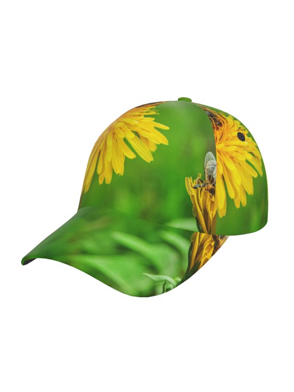 Bees Pollinates A Yellow Dandelion Pattern Mens Baseball Cap Adjustable Curved Brim Hat, Soft Cotton Sports Cap for Outdoor, Casual, and Everyday Wear, Comfortable & Breathable