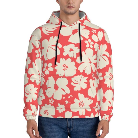 Rateoe Beige Flowers Pattern Mens Hoodie, Pullover Hooded Sweatshirt, Kangaroo Pocket Hoodie Ideal for Daily Wear, Travel and Home-Small