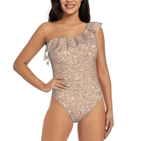 Rateoe Beige Sparkling Glitter Pattern Women One Piece Swimsuits Tummy Control One Shoulder Bathing Suits Ruffle Swimwear-
