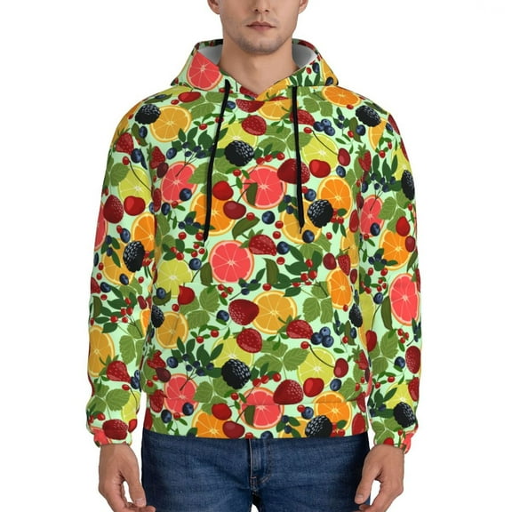 Rateoe Berries And Citrus Pattern Mens Hoodie, Pullover Hooded Sweatshirt, Kangaroo Pocket Hoodie Ideal for Daily Wear, Travel and Home-4X-Large