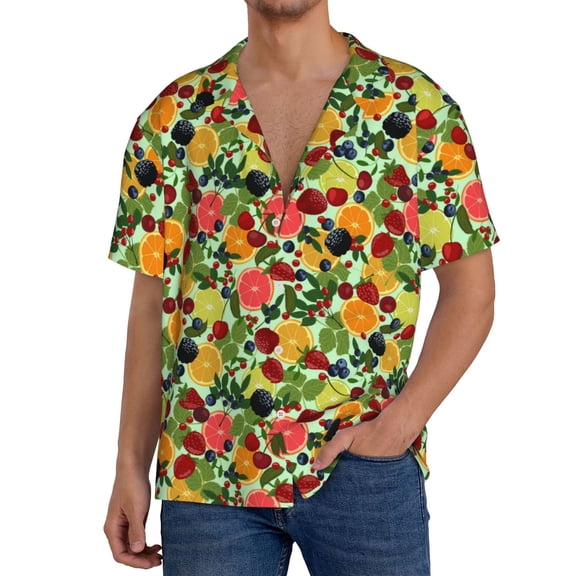Rateoe Berries And Citrus Print Mens Front Pocket Hawaiian Shirts Casual Shirts Short Sleeve Button Down Beach Tropical Shirts-Large