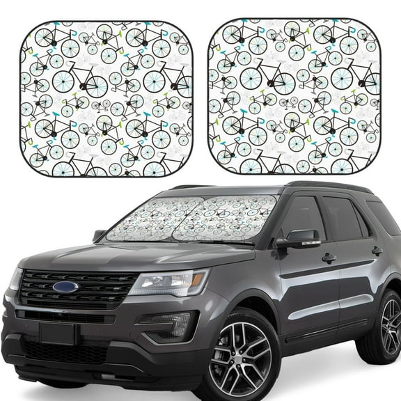 Rateoe Bicycle Pattern 2 Piece Car Windshield Sun Shade Foldable | Front Windshield Shade for Sun, Heat and UV Rays | Sunshade for Car Front Window-Medium