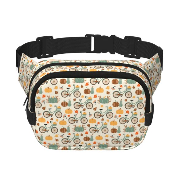 Rateoe Bicycle And Pumpkins Print Fanny Pack Belt Bag for Women and Men, Square Double-Layer Waterproof Waist Pack with Adjustable Strap for Hiking, Jogging, Cycling