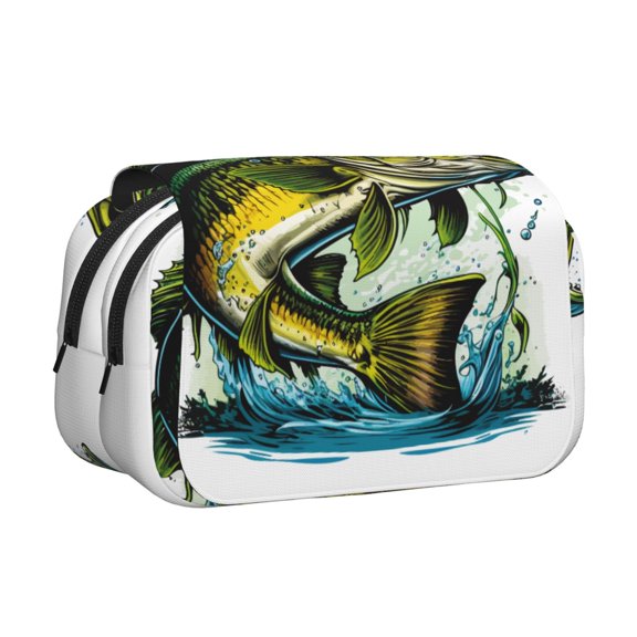 Rateoe Big bass fish Pattern Double Clamshell Pen Case, Storage Organizer with Two Zipper Compartments Holds Up to 50 Pencils & Pens