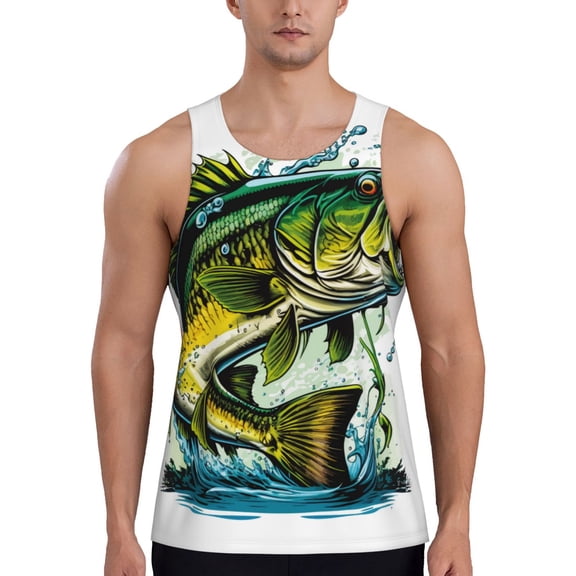 Rateoe Big bass fish Pattern Sleeveless Gym Shirt Muscle Tee Breathable Workout Shirt Slim-Fit Tank Quick Dry Fit Muscle Tank Top Bodybuilding Sleeveless T Shirt-Small