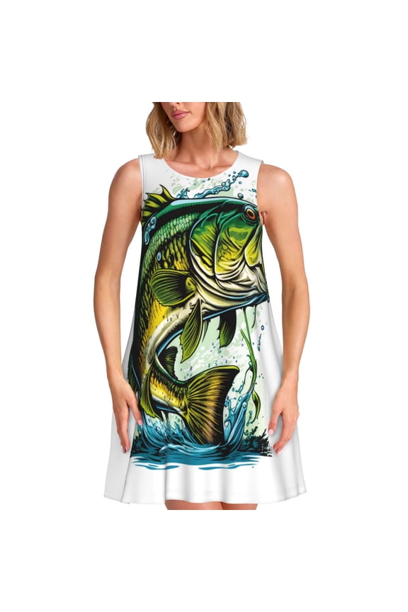 Big bass fish Pattern Women’s Sleeveless Dress,Casual Summer Dress,A-line Sleeveless Dress Versatile Summer Dress Stylish Day Dress