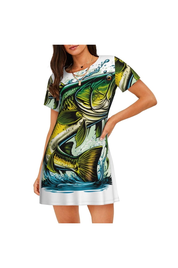 Big bass fish Print Women’s Nightdress – Cozy Cotton Short-sleeved Sleep Shirt, Loose-Fit Sleepwear, Perfect for Relaxing and Sleeping