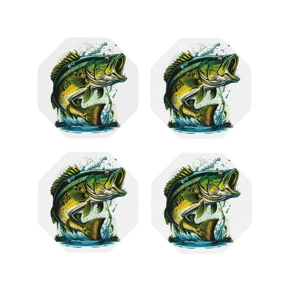 Rateoe Big bass fish Printed Drink Coasters Set of 4 Leather Coasters Spill Protection for Table Desk,Durable and Non Slip Leather Coaster ,4 Inches Drink Mats-Octagon