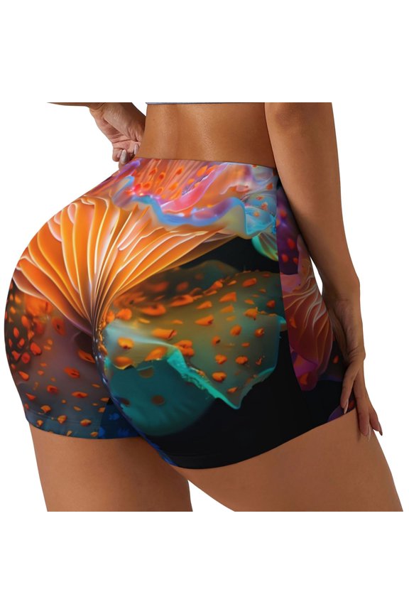 Bioluminescent Underwater Flower Printed Power Workout Shorts for Women Tummy Control Squat Proof Ribbed Thick Seamless Scrunch Active Short-Large