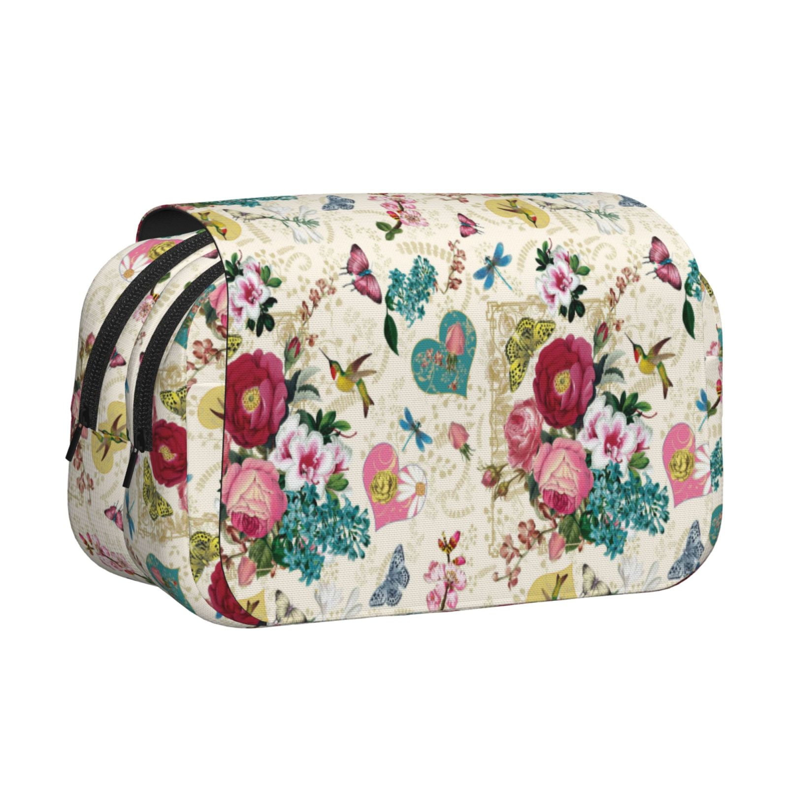 Rateoe Bird Butterfly Rose Pattern Double Clamshell Pen Case, Storage Organizer with Two Zipper Compartments– Holds Up to 50 Pencils & Pens