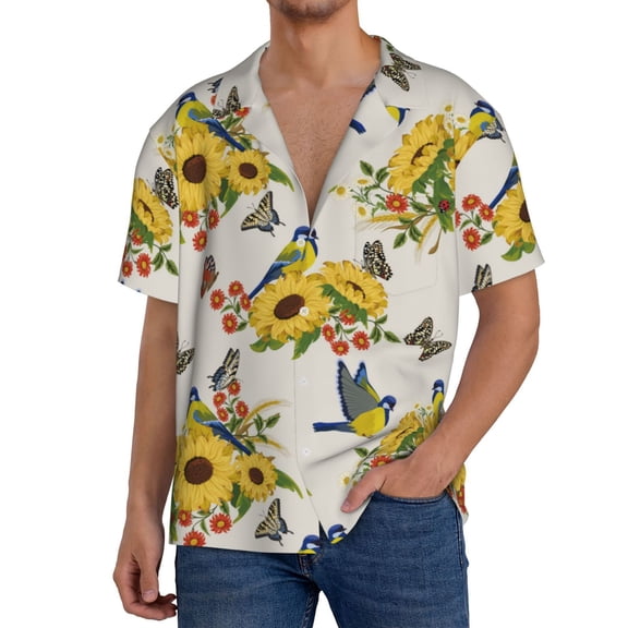 Rateoe Bird Sunflowers Print Mens Front Pocket Hawaiian Shirts Casual Shirts Short Sleeve Button Down Beach Tropical Shirts-3X-Large