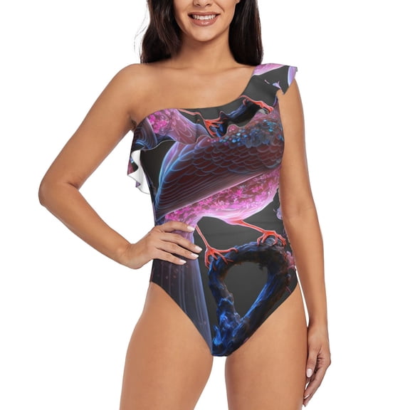 Rateoe Bird6 Pattern Women One Piece Swimsuits Tummy Control One Shoulder Bathing Suits Ruffle Swimwear-Large