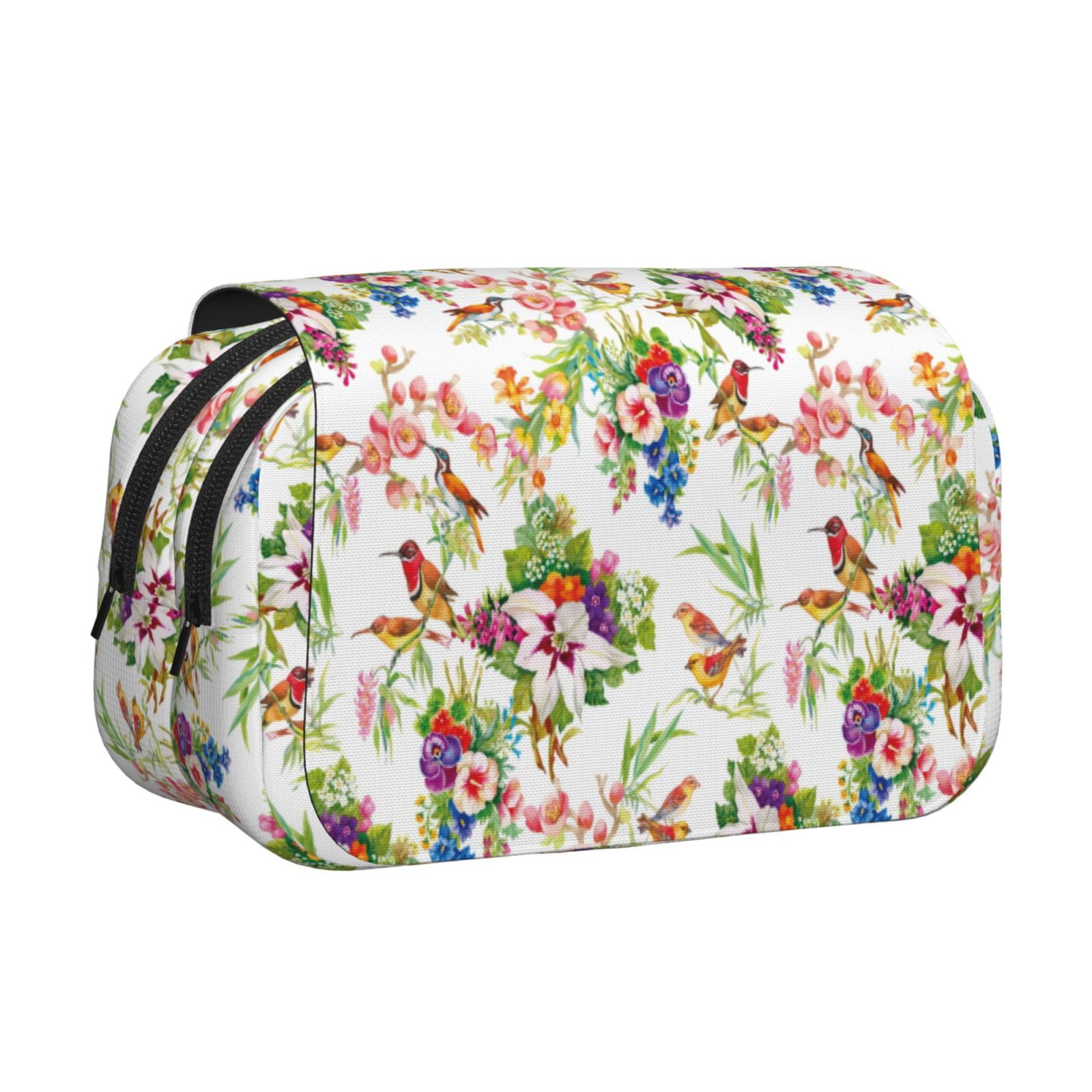 Rateoe Birds And Flowers Pattern Double Clamshell Pen Case, Storage Organizer with Two Zipper Compartments– Holds Up to 50 Pencils & Pens