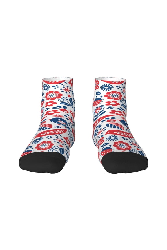 Birds Flowers Pattern Quarter Crew Socks,Toe Seamed Ankle Socks,Cotton Cushioned Breathable Athletic Crew Sports Socks