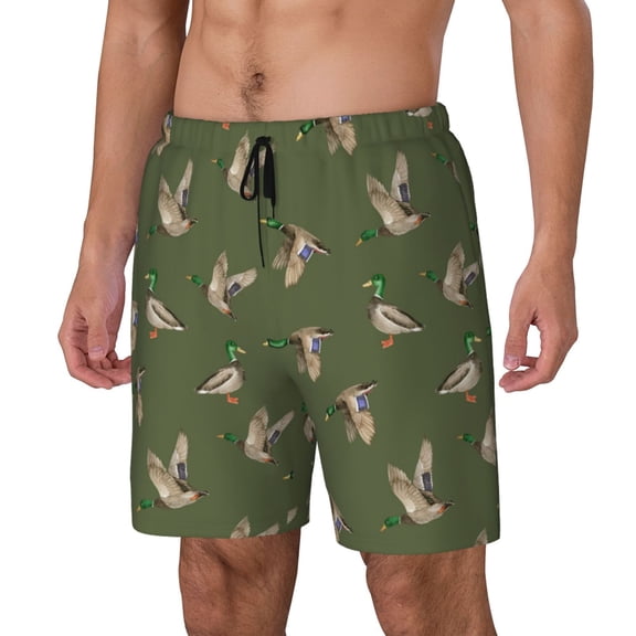 Rateoe Birds Wild Ducks Pattern Men’s Swim Shorts with Compression Liner – Double-Layered Quick-Dry Swimwear, Comfortable & Stretchy Beach Shorts-Small