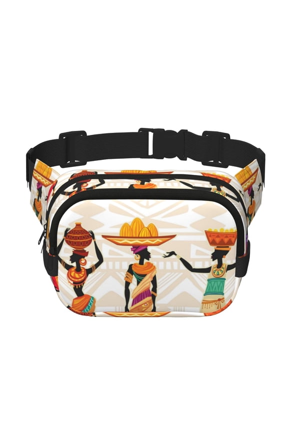 Black African Woman Print Fanny Pack Belt Bag for Women and Men, Square Double-Layer Waterproof Waist Pack with Adjustable Strap for Hiking, Jogging, Cycling