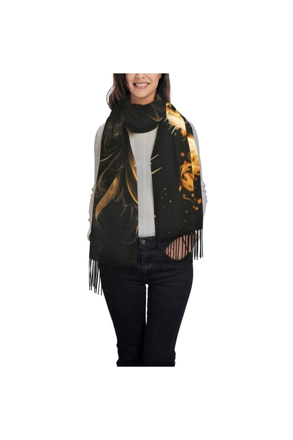 Black And Gold Fire Dragon Women's Traditional Scarf Wrap Tassel Shawl Fringes Neck Head Shawl Retro Scarf