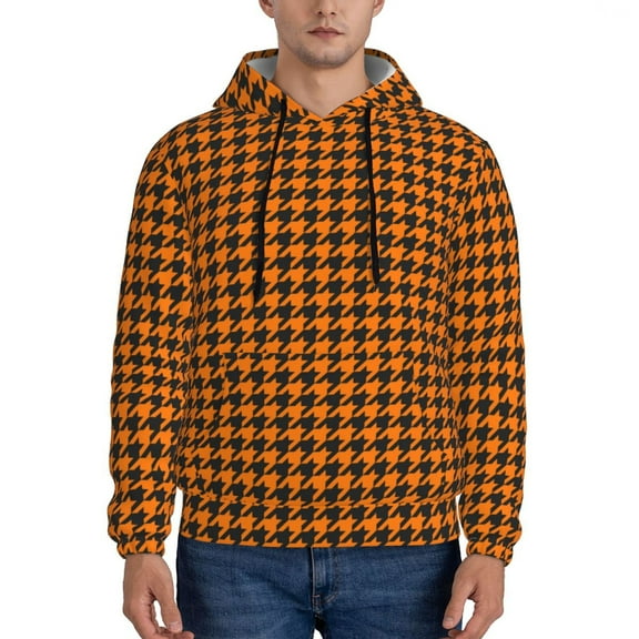 Rateoe Black And Orange Houndstooth Pattern Mens Hoodie, Pullover Hooded Sweatshirt, Kangaroo Pocket Hoodie Ideal for Daily Wear, Travel and Home-3X-Large