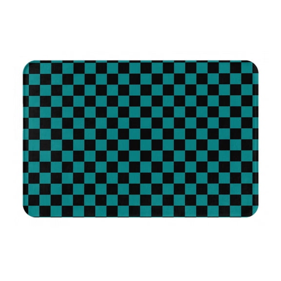 Rateoe Black And Teal Checkerboard Pattern Flannel Door Mat Indoor Outdoor Entrance, Waterproof All-Weather Doormat,Fade Resistant, Low Profile Entryway Mat 16x24in