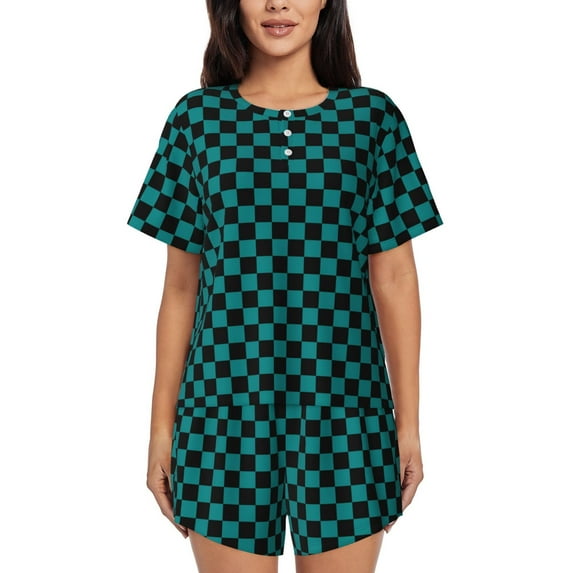 Rateoe Black And Teal Checkerboard Pattern Women's Short-Sleeved Pajama Set - 2 Piece Soft and Lightweight Sleepwear Set-XX-Large