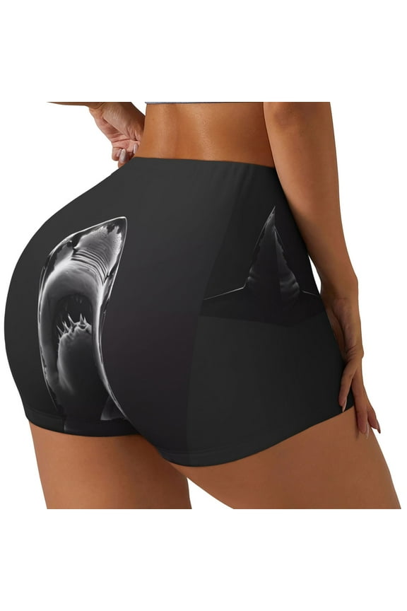 Black And White Shark Printed Power Workout Shorts for Women Tummy Control Squat Proof Ribbed Thick Seamless Scrunch Active Short-X-Large