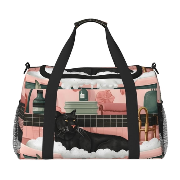 Rateoe Black Cat Pink Bathroom Pattern Gym Bag for Women, Duffle Bag for Travel with Wet Pocket, Carry on Weekender Bags for Women, Water Resistant Travel Bag Duffel Bag