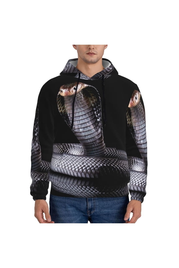 Black Cobra Snake Pattern Mens Hoodie, Pullover Hooded Sweatshirt, Kangaroo Pocket Hoodie Ideal for Daily Wear, Travel and Home-XX-Large