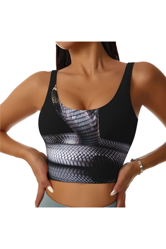 Black Cobra Snake Print Womens' Sports Bras Scoop Neck Sports Vest- Padded U Back Seamless High Impact Support-Large