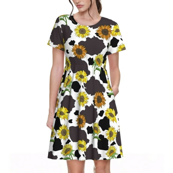Rateoe Black Cow Sunflowers Pattern Women’s Short Sleeve Dress – Casual Elegant Summer A-Line Dress for Everyday Wear