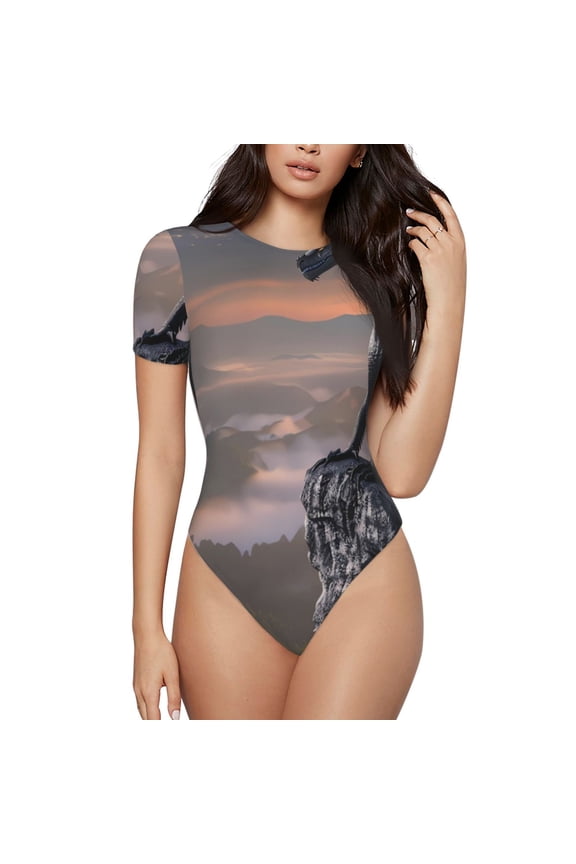 Black Dragon Cliff Dawn Printed Women Rash Guard Short Sleeve,Tummy control Swimsuit Surfing Swimsuit Bathing Suit Short-sleeved Onesie UPF 50+ -