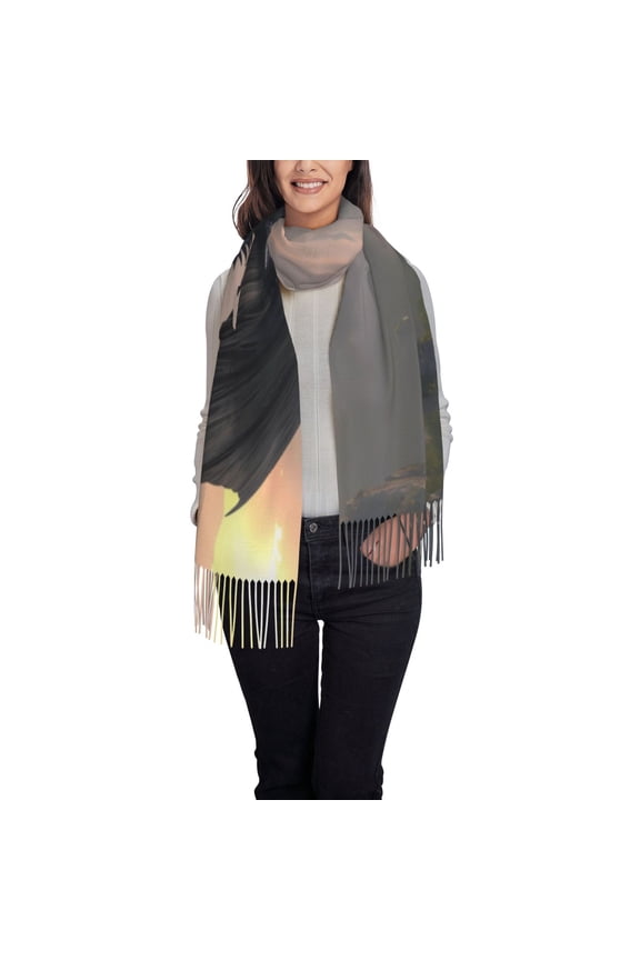 Black Dragon Cliff Dawn Women's Traditional Scarf Wrap Tassel Shawl Fringes Neck Head Shawl Retro Scarf