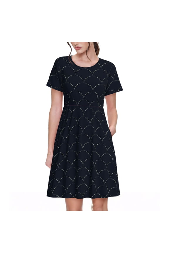 Black Fish scales Pattern Women’s Short Sleeve Dress – Casual Elegant Summer A-Line Dress for Everyday Wear