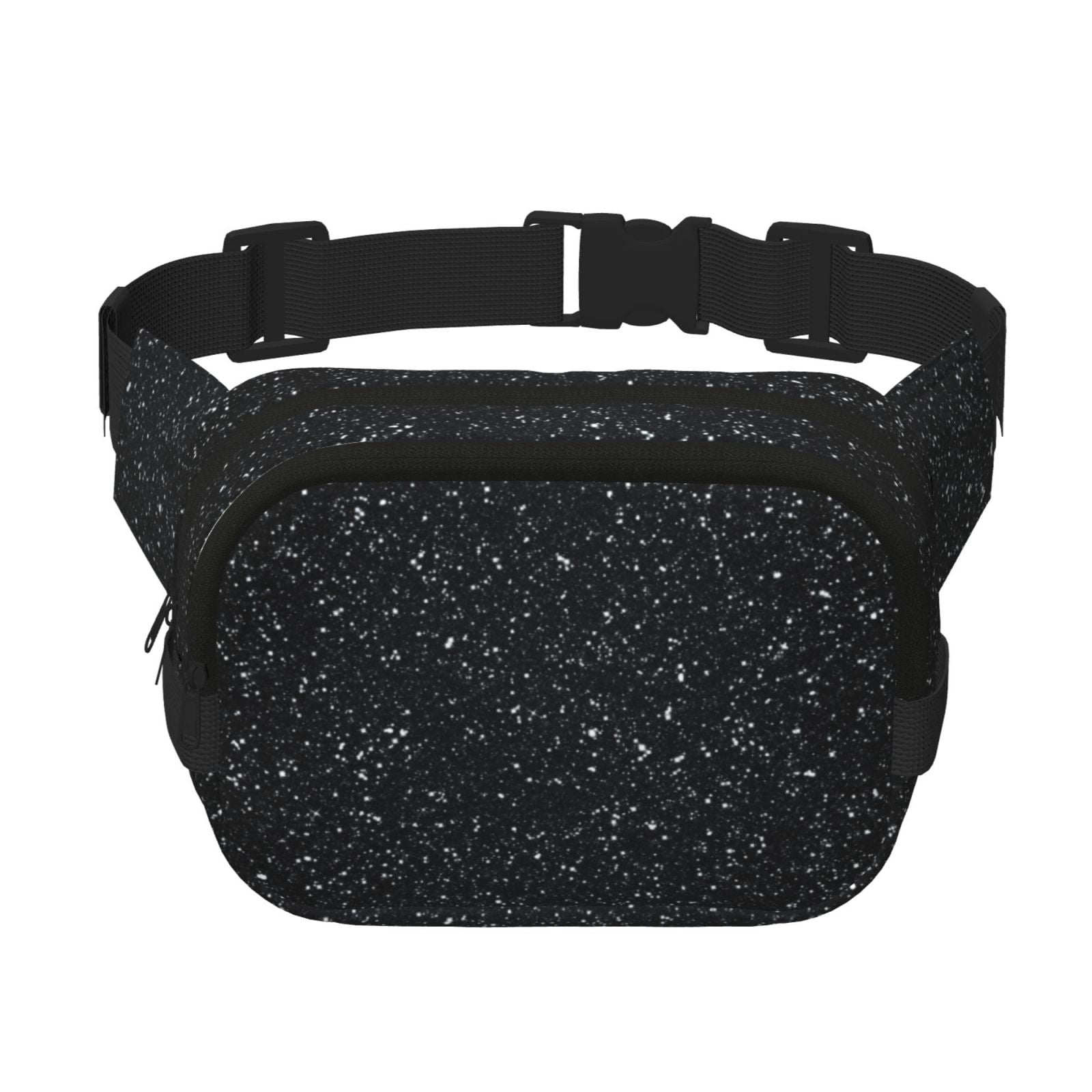 Rateoe Black Glitter Print Fanny Pack Belt Bag for Women and Men, Square Double-Layer Waterproof Waist Pack with Adjustable Strap for Hiking, Jogging, Cycling